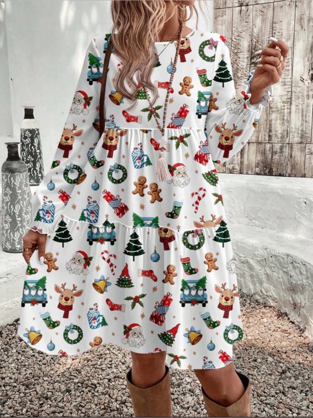 SHEIN White Christmas Print Tiered Midi Dress with Red & Green Accents